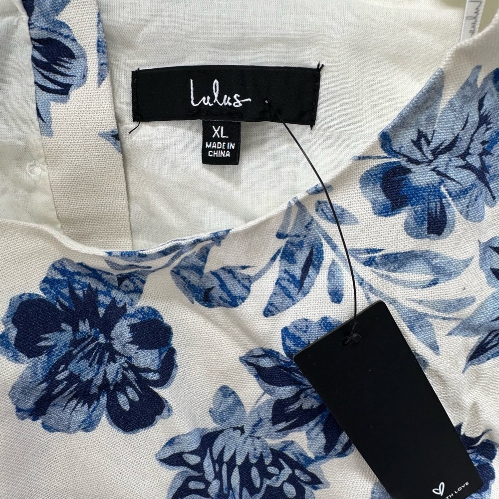 Lulu's‎ Blue White Floral Linen Blend Open Back Long Sleeve Mini Dress XL NWT - Picture 3 of 9